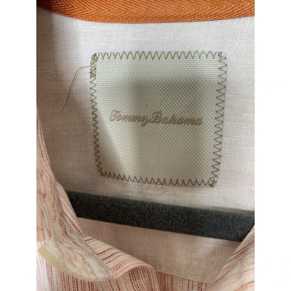 Tommy Bahama Men 100% Linen Long Sleeve Shirt Sz L Striped Tropical Pink Light - Picture 7 of 8